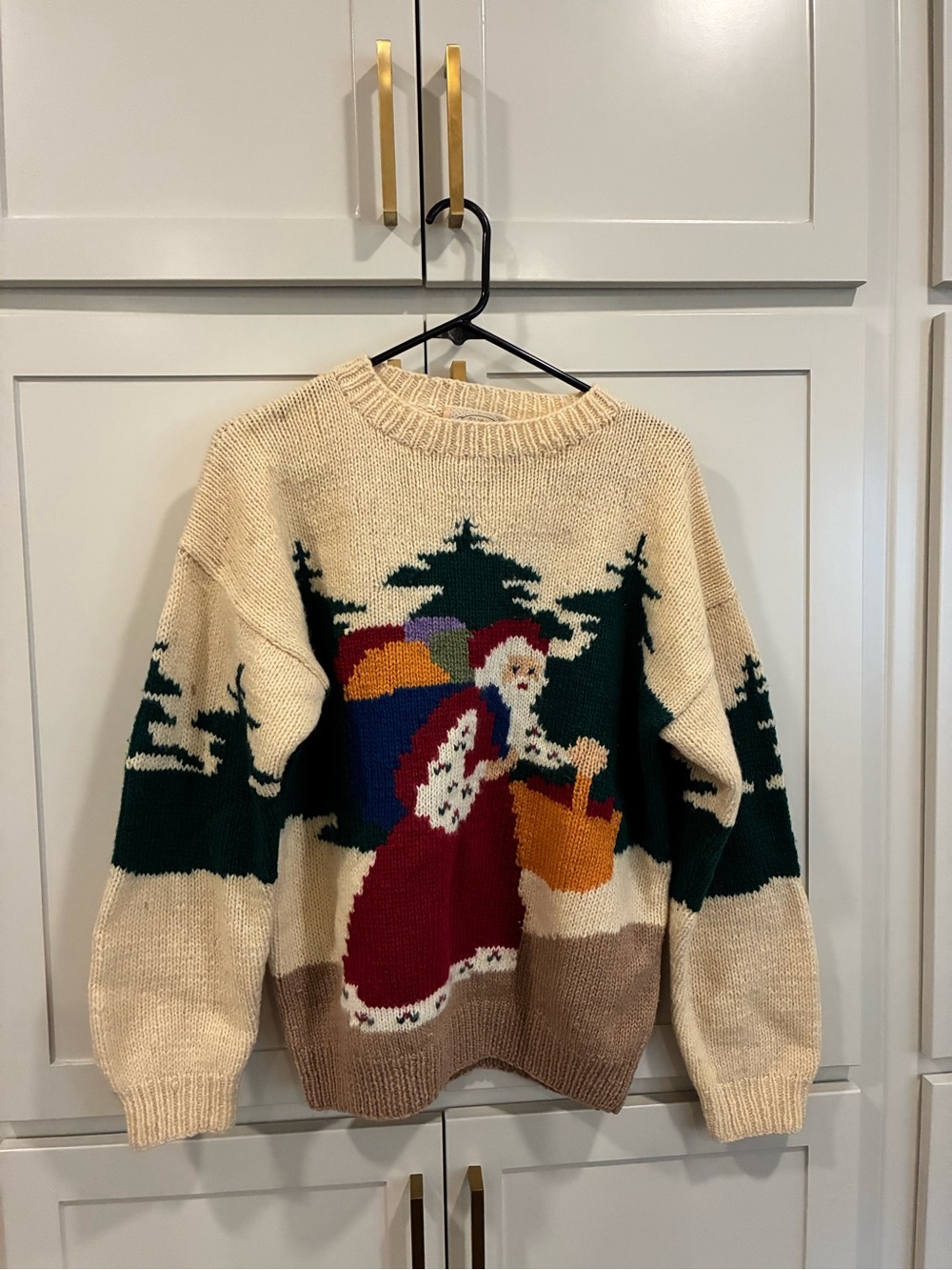 Susan Bristol Cream Holiday Crewneck Sweater with Green Tree & Multicolor Santa
